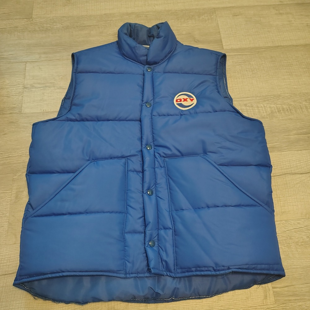 Vintage K brand Blue Puffer Vest Snap Front Quilted Sleeveless Mens XL USA